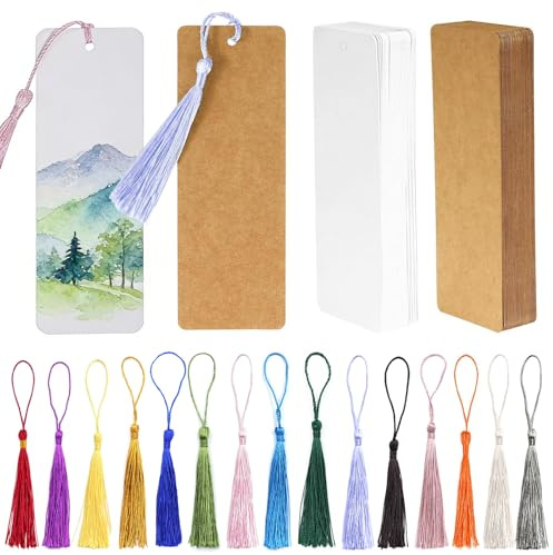 EnixwH 90 Piezas 14 x 4,9 CM Marcapaginas Papel Marcapaginas Personalizado Punto de Libro con Agujero Borlas para Manualidades Artículos Bricolaje y Decoración (Blanco + Marrón)