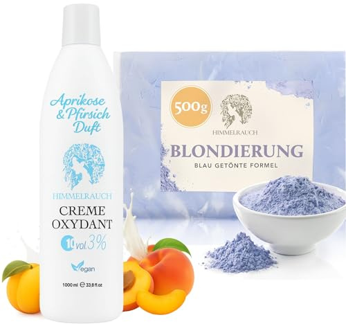 Blondierungspulver Set 500g bis 7 Töne, Anti Gelb, Staubfrei, Vegan, Parabenfrei, Glutenfrei, Silikonfrei mit Creme Oxydant 3% 1L