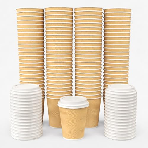 VABE UK 100 X 12oz Ripple Kraft Disposable Coffee Cup with Lids | Takeaway Paper Cups | Triple Wall Insulated Eco - Friendly Cups for Hot/Cold Drinks (Brown)