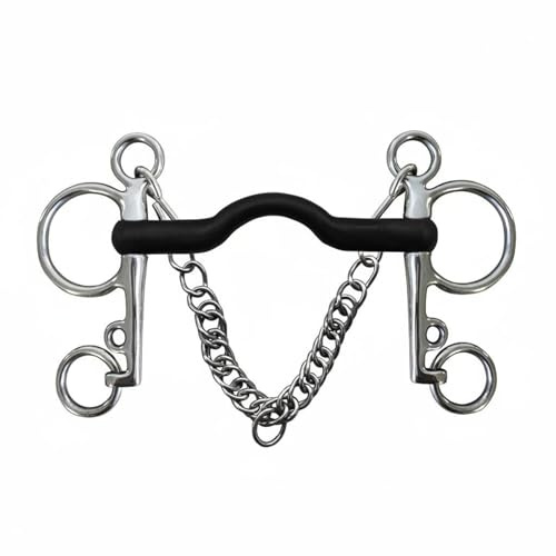 FytStycale Morso con Rivestimento in Gomma Nera Finitura Lucente Morso in Acciaio Inox Comodo Pelham con Catena per Equitazione, 135 MM