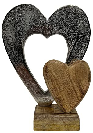BUSDUGA 2897 Doppelherz Aufsteller Herz aus Holz und Alu 22cm auf Sockel