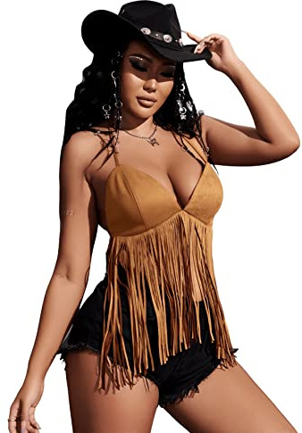 Verdusa Women's Fringe Tied Backless Suede Halter Top Deep V Neck Going Out Tops Western Outfits Brown Small