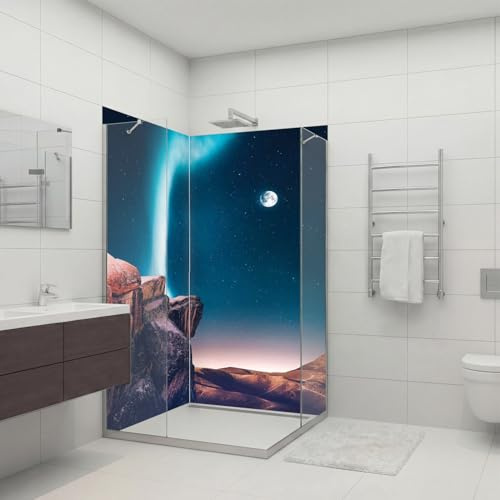 dedeco Eck-Duschrückwand wasserfest Motiv: Polarlicht V1, 2 x 90x210 cm, als Badrückwand zum Fliesenersatz, als Dekorwand, Wandverkleidung und Duschplatte aus Aluminium - Made in Germany