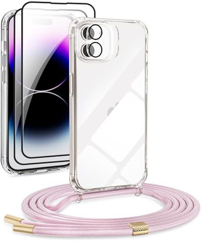 DiDaDi [5 in 1 Handykette Set für iPhone 12 6.1 Hülle mit Band+Transparent Schutzhülle+Schutzfolie+kameraschutz Glas, Abnehmbar Necklace Stylische Handyhülle zum Umhängen Kordel Case (Roségold)