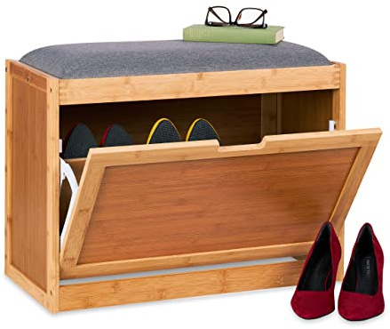 Relaxdays Range-Chaussures, Large Assise, Rangement, entrée et Couloir, 2 Compartiments réglables, Bambou, Nature-Gris