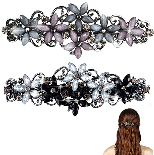 2 Stück Elegante Haarspangen für Damen, Exquisite Blumen Haarklammer, | Strass Haarspangen MäDchen Glitzer Kristall Hair Clips, Vintage Haarklammer Haarschmuck (Schwarz&Grau/Rosa&Dunkelblau Blume)