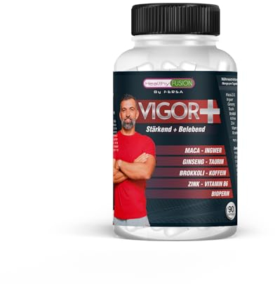 Healthy Fusion, +Vigor, Vitalisierer und Stimulans | Maca 4.250mg, Taurin, Ginseng, Zink, Vit. B6 | Steigert Energie, Kraft, Ausdauer und Vitalität, 90 Kapseln