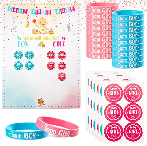 Gender Reveal Party Deko 57 Stück Geschlecht Verkünden Abstimmung Poster 1 Stück mit Offenbaren Aufkleber 36 Stück Team Girl or Boy Deko Armbänder 20 Stück für Shower Reveal