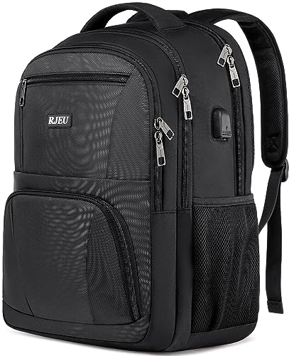 RJEU Rucksack Herren, Schulrucksack Jungen Teenager, Laptop Rucksack 15,6 Zoll Laptoptasche für Schule Arbeit mit USB Ladeanschluss, Anti Diebstahl Business Reisen Rucksack, Schwarz