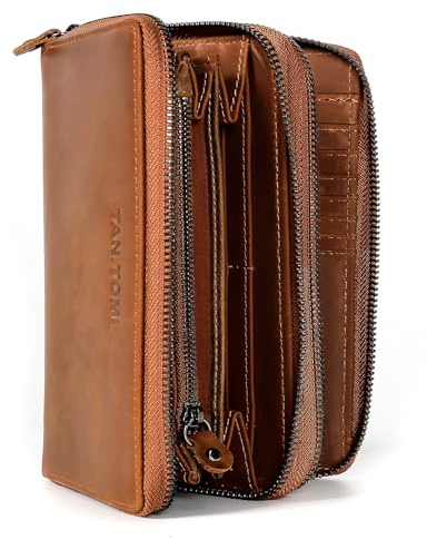 TANTOMI Geldbörse Damen Leder, Echtes Leder Portemonnaie Damen Gross, Geldbeutel mit RFID Schutz Doppelten Reißverschlüssen und vielen Fächern Portmonee, Brieftasche, Damen-Geldbörsen.