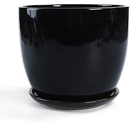 Sukkulenten-Töpfe aus Keramik für den Innen- und Außenbereich mit Bambustablett Kaktus-Pflanztopf Pflanzenbehälter Blumentöpfe mit Drainage für alle Zimmerpflanzen (Color : Bright Black, Size : XL)