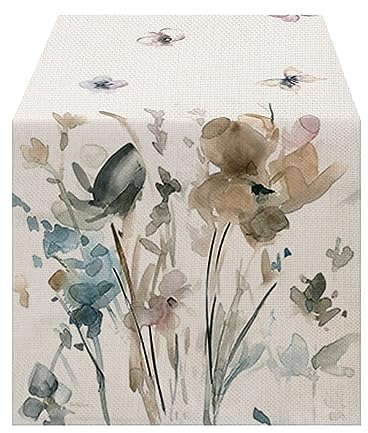 Lslandmood Deko Tischläufer Modern Wohnzimmer Tischsets, Wetterfest Tischläufer Leinen, Lang Abwaschbar Outdoor, Natur Blumen für Party Tischmatten Läufer 40x140