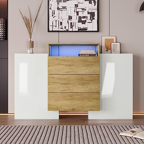 BTM Buffet Blanc et Bois avec LED, Buffet de Salon avec 2 Portes et 3 Tiroirs, Commode Blanc Laqué Armoire de Rangement, 140x30x90 cm