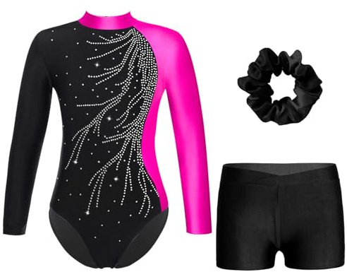 Oyolan Enfant Fille Justaucorps Gymnastique avec Short Ensemble Gym Tenue Patinage Danse Costume Spectacle A Rose 7-8 ans