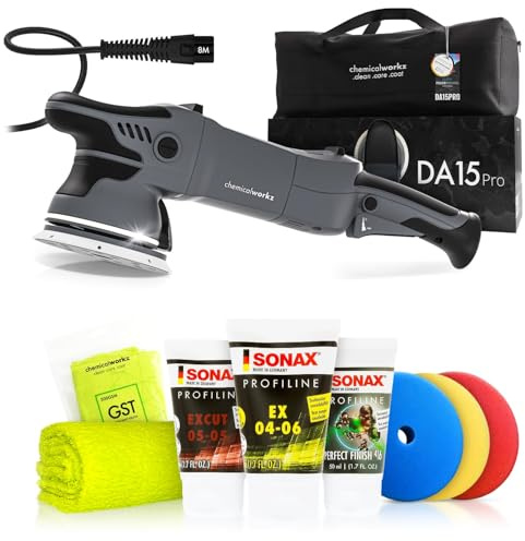Poliermaschinen Set: chemicalworkz DA15 Pro Exzenter Poliermaschine + Sonax Politurset + Royal Pads Premium Polierpads - Auto Politur, Lack polieren, Kratzer entfernen, Aufbereitung | 8-tlg.