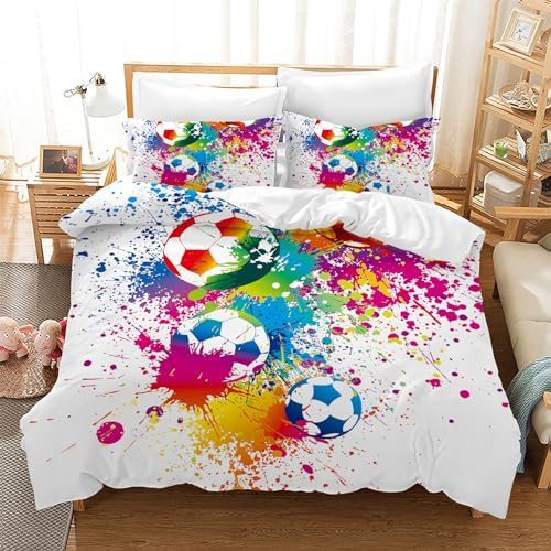 CXYXHW Fotbollssängkläder för barn, fotboll 3D-tryck pojke sängkläder, fotbollsmönster sport påslakanset med dragkedja 3 delar mjuka barnsängkläder (fotboll 4, 135 x 200 cm)