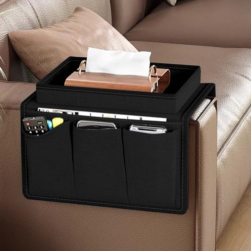 Organizer per Bracciolo Divano, Tasca Portaoggetti da Divano, Vassoio per Divano, Borsa per Appendere Braccioli, Borsa Appendere Braccioli Divano per Telefono, Libri, Riviste, Telecomando (Nero)