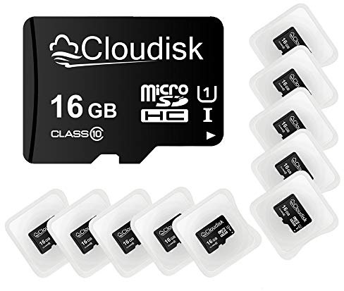 Cloudisk Confezione da 10 schede Micro SD da 16 GB C10 A1 U1 Micro SDHC con adattatore SD, lettore di schede