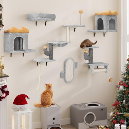 YITAHOME 7 PCS Katzenkletterwand-Set, stabiles Plüsch-Klettergerüst für Katzen, Katzenklettergerüst-Spieltürme mit Katzenhaus, Katzenhängematte und hängendem Ball, Hellgrau & Gelb