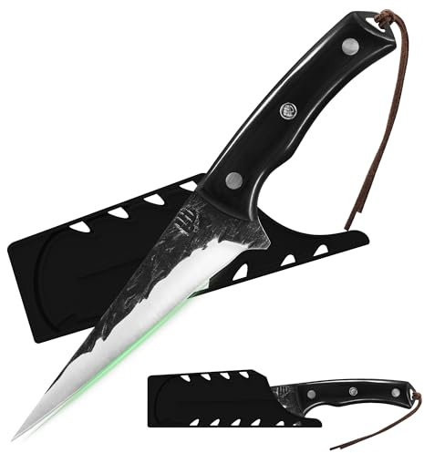 FULLHI Cuchillo deshuesador con funda,Cuchillo de cocina Full Tang,Cuchillo de acero al carbono para trinchar y deshuesar,Cuchillo de pesca para casa,Camping Barbacoa (Negro, 14cm)