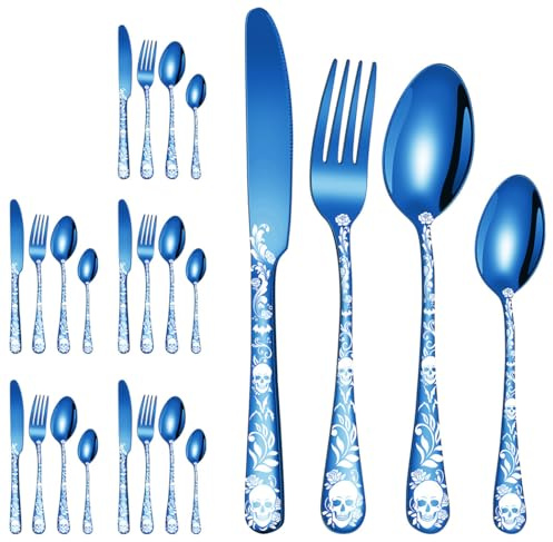 XIAOYU Halloween Skeleton Silverware Set, 24 Piece Stainless Steel Flatware Set Service for 6, Gothic Skull Cutlery Set Utensils for Halloween Easter Christmas, Blue