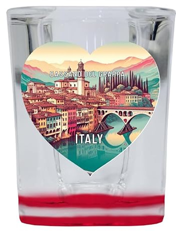 R and R Imports Bassano del Grappa Italy Travel Souvenir Destination Heart Shape 2 Ounce Shot Glass Square Red Base 4-Pack