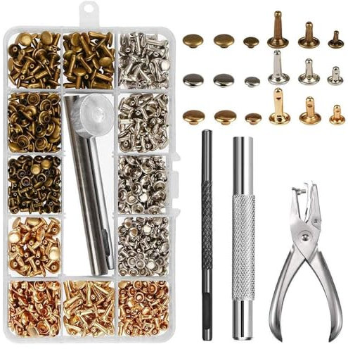 Luabue 300 Set Leder Nieten Doppelkappe mit Nietenzange Lochzange Hohlnieten 12mm 8mm 6mm Ledernieten für Leder Stoff Gürtel Papier 3 Farbe Gold Silber Bronze