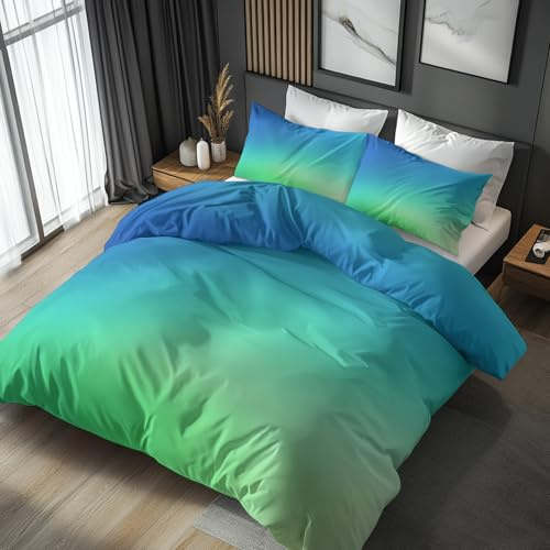 Generisch Bettwäsche Blau Grün 135x200, Farbverlauf Ombre Motiv Wendebettwäsche & Deko, Weiche Microfaser Bettbezug mit Reißverschluss und 1 Kissenbezug 80x80, 2tlg - ASD4447