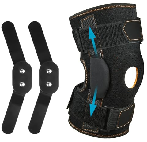 AOOWU Rodillera con Bisagras, Ajustable Rodillera Deportiva con Rótula Abierta y Estabilizadores Laterales Dobles, Soporte de Rodilla Unisexo, Fuerte Estabilidad para Alivio del Dolo (XXL)