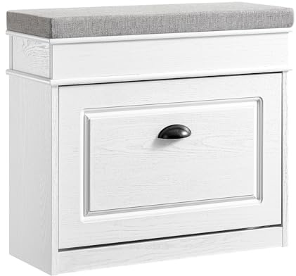 SoBuy Schuhbank mit Sitzkissen & Stauraum 61x54x24cm für Flur | Schuhschrank schmal platzsparend, Sitzbank für Wohnzimmer & Schlafzimmer, Weiß Vintage FSR82-K-WG
