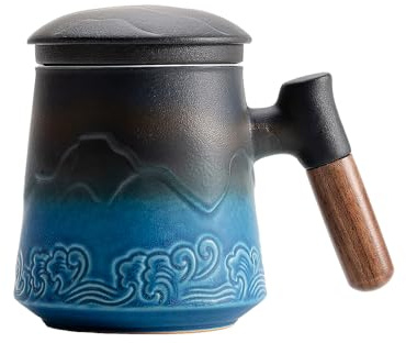 ZENS Taza Infusiones con Tapa Y Filtro Taza de Té, Taza de té de cerámica con cesta de infusor y tapa para remojar para remojar para té a granel con asa de madera, 450ml azul degradado