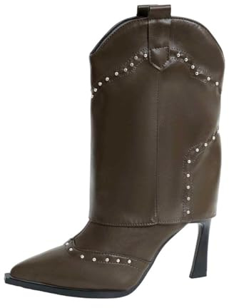 Generisch Bottines à talons hauts pour femme - En cuir synthétique - Confortables - Bout pointu - Chaussures d'hiver pour femme - Élégantes - Bottines traditionnelles - Bottes à lacets, marron, 39 EU