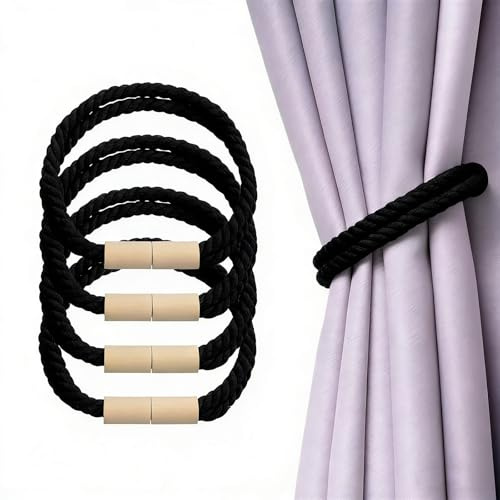 HERKINDNESS 4 Piezas Sujeta Cortinas, Cuerda Retorcida Alzapaños Cortinas, Negro Correas de Cortina Magnéticas, Magnética Moda Recoge Cortina, para Hogares, Hoteles y Dormitorios