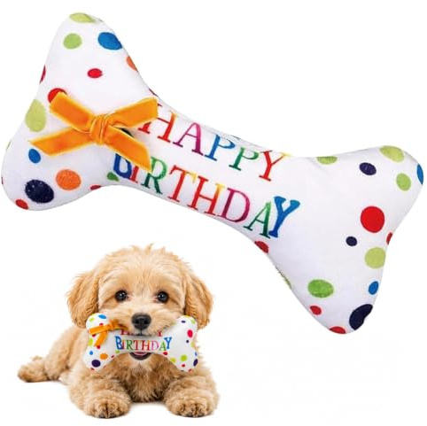 KUTKE 1Pcs Dog Birthday Bone Toy Rainbow Bone-Shaped Plush Squeaky DogToy | Soft fabric toy with a hidden squeaker; easy to carry for puppies and gentle chewers, birthdays or adoption gifts