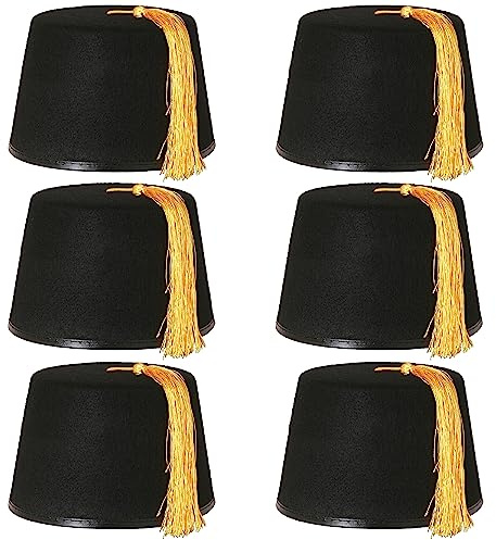 Fez-Mütze, schwarz, Kostüm-Accessoire, Kappe mit goldfarbenen Quasten, Unisex, Filz, für Herren und Damen, 6 Stück