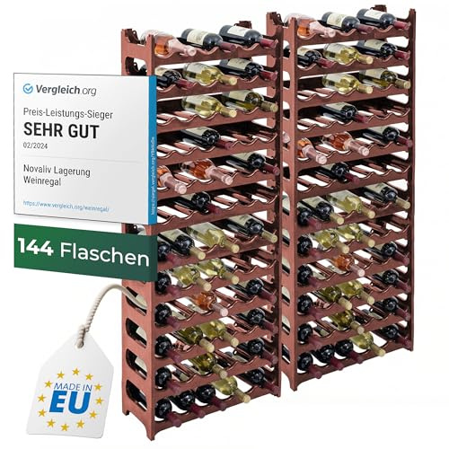 Novaliv Étagère à bouteilles modulaire marron pour 144 bouteilles de vin – Empilable, extensible, robuste – Idéal pour le stockage du vin dans la cave, la restauration et la maison, armoire à boissons