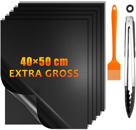 BBQ Grillmatte, Grillmatten für gasgrill, Antihaft Grill-und Backmatte, Pflegeleicht und Wiederverwendbar, Perfekt für Fleisch, Fisch und Gemüse, 1 Grillbürste und 12 Grillzange (5er Set, 40 * 50cm)