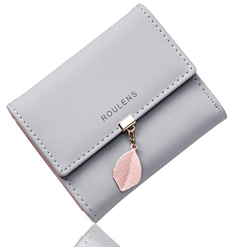 Roulens Geldbörse für Damen, Geldbörse aus Kunstleder mit RFID-Blockierung, Geldbörse mit Druckknöpfen in Blattform, A/Grau, Klein, Exquisit