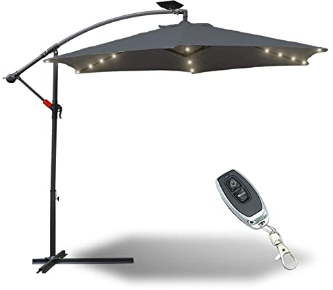 Sonnewelt Sombrillas terraza grandes 350cm de diámetro con LED solar, sombrilla con manivela, Parasol jardin de aluminio, protección UV, con soporte, parasol excentrico, impermeable (Gris)