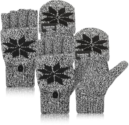 SATINIOR 2 Paar Wandelbare Damen Fingerlose Handschuhe Gestrickte Thermo Halbfinger Fäustlinge mit Schneeflocken (Schwarz)