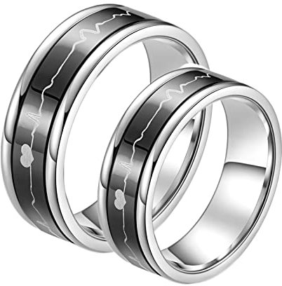 Aotiwe Freundschaftsringe Lustig, Ringe für Herren ausgefallen 7 mm Schwarz Drehring Herzschlag Edelstahl Größe Damen 54 (17.2) & Herren 65 (20.7)