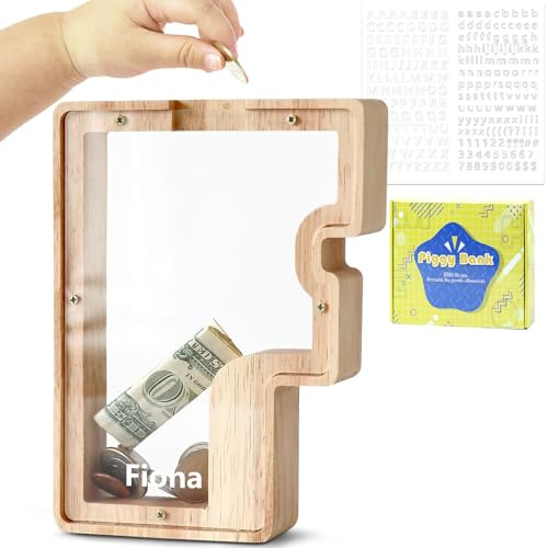 DBPBToU Spardose Kinder Holz Buchstaben Spardose (F) | Personalisiert Sparschwein Kinder，Durchsichtiges, Geburtstag Geschenk/Heimdekoration/Keepsake