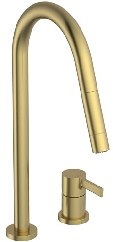 Ideal Standard – Gusto 2-Loch Küchenarmatur, Hoher Auslauf mit zylindrischem Querschnitt, mit 2-Funktionshandbrause, Schwenkbereich 360°, Schaftverschraubung von unten, Brushed Gold