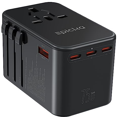 EPICKA Adaptador de Viaje Universal, GAN 75W Adaptador de Enchufe Internacional con 3 USB-C PD de Carga rápida y 2 adaptadores de Carga rápida USB-A Cargador de Pared Todo en uno para EE. UU., UE,
