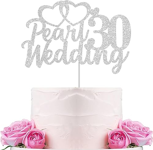 Gidobo 30th Wedding Anniversary Cake Toppers with Heart Cupcake Toppers, Glittery Pearl Weddding Anniversary Heart Cake Decoration for Celebration Party Supplies