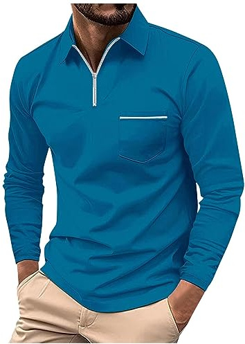 Langarmshirt Herren Funktionsshirt Glitzer Hemd Zipper Revers Polohemd Einfarbig Regular Fit Polo Shirt Mit Brusttasche Ohne Kragen Herren (Royal Blue, L)