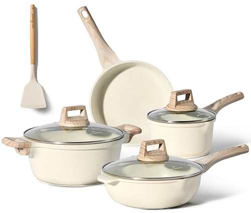 JUST PERFECTO Batterie de cuisine induction Set de casseroles avec couvercle - Casserole tout feux - poele anti adhesive - poele sans PFOA et sans PTFE - lot avec des poêles (13 pcs Biege)