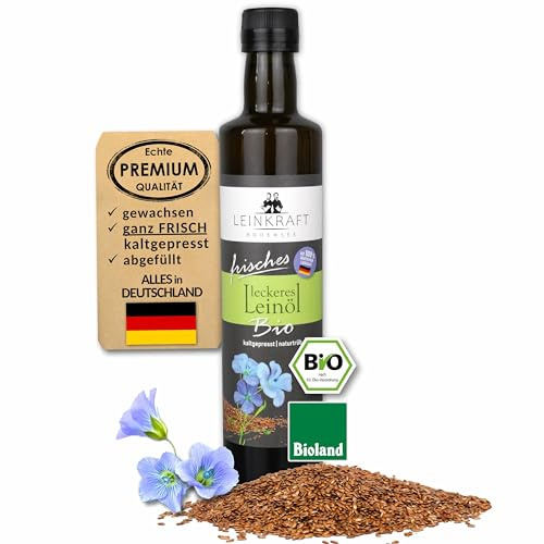 Leckeres Bio-Leinöl 500ml frisch gepresst 100% deutsche Leinsaat - Omega 3 reich mit Lignanen - direkt ungefiltert abgefüllt - Leinsamenöl in Bioland Rohkostqualität