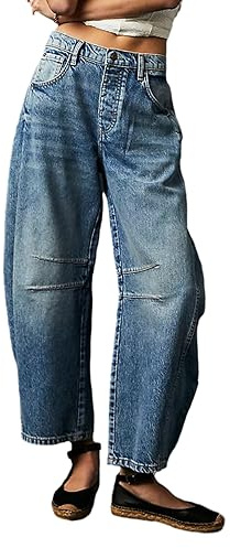 Qianderer Women's Y2k Baggy Jeans Wide Leg Mid Waist Denim Pants Boyfriend Cropped Barrel Jeans with Pockets (Dark Blue, L)