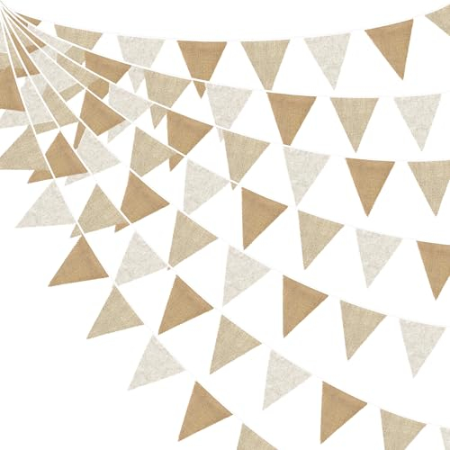 24Ft Guirlande Fanions Toile de Jute, Vintage Lin Marron Bannière Bruant Décoration de Fête Brun Tissu Triangle Drapeau Banderole pour Bohême Anniversaire Mariage Bapteme Intérieure et Extérieure Deco